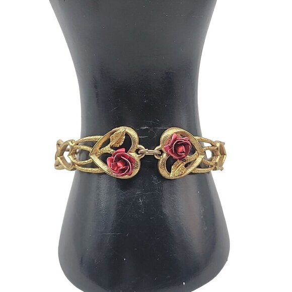 The Art of Beauty Cuff Bangle Bracelet Double Red Rose Buds Gold Tone Size 7 - Picture 8 of 16